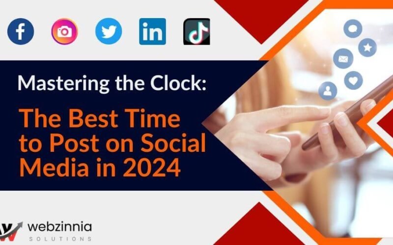 Best time to post on social media in 2024: 'Mastering the Clock' banner with social icons and a phone