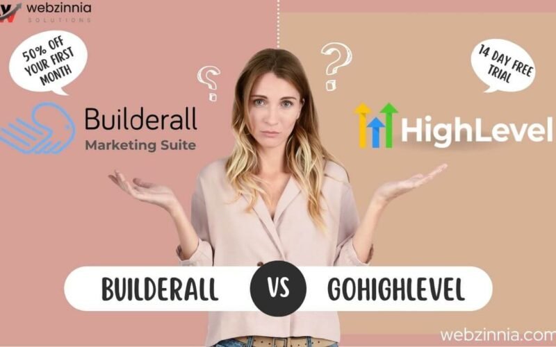 Builderall vs GoHighLevel comparison banner with a woman shrugging between the two logos