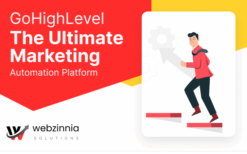 GoHighLevel: the ultimate marketing automation platform banner with a man climbing steps
