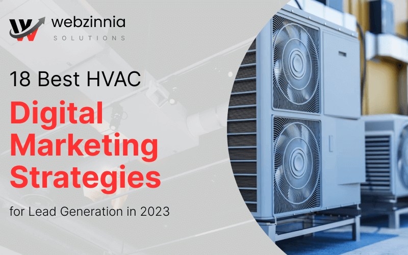 HVAC digital marketing: '18 Best HVAC Digital Marketing Strategies for Lead Generation' banner with AC condenser units