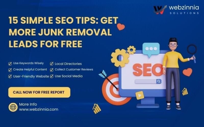 Junk removal leads: '15 Simple SEO Tips to Get More Junk Removal Leads for Free' banner with an SEO illustration