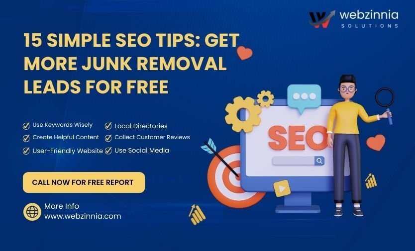 Junk removal leads: '15 Simple SEO Tips to Get More Junk Removal Leads for Free' banner with an SEO illustration