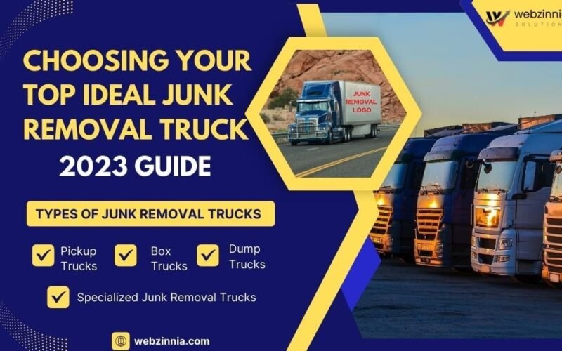 Junk removal truck guide: 'Choosing Your Top Ideal Junk Removal Truck 2023' banner listing pickup, box, dump and specialized trucks
