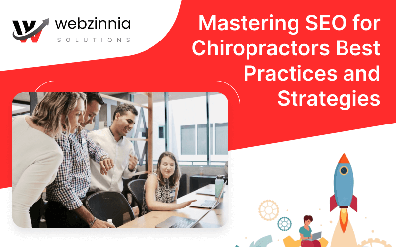 SEO for chiropractors: Webzinnia banner showing a clinic team at a laptop and the title 'Mastering SEO for Chiropractors'
