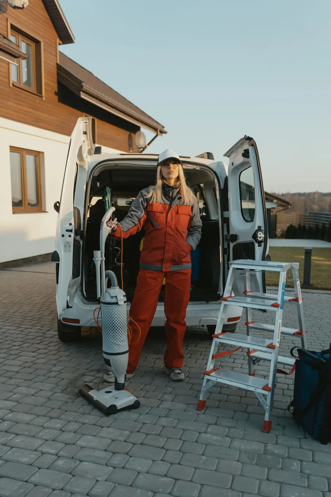 Cleaning company marketing: house cleaner in coveralls beside a service van with a vacuum and a step ladder