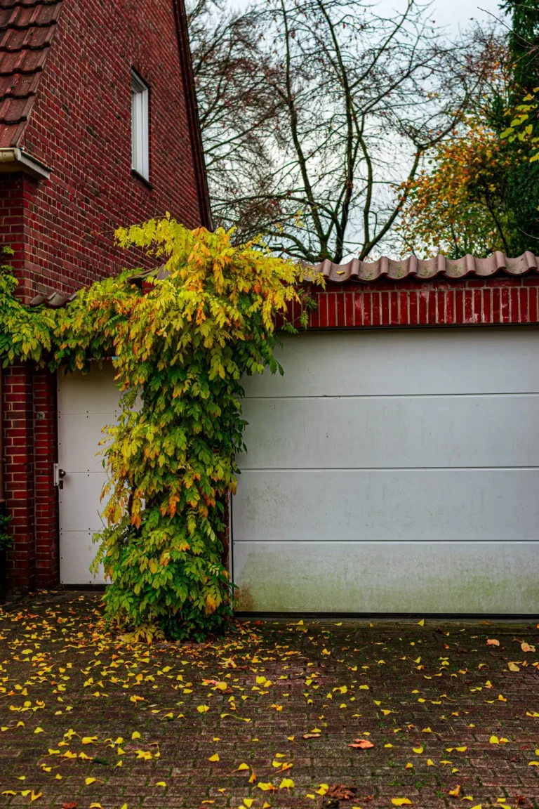 Home services marketing: white garage door beside a brick house in autumn