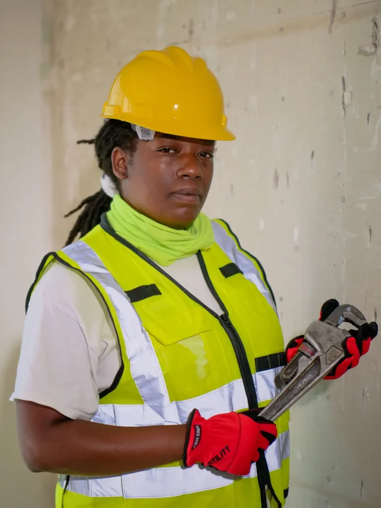 Digital marketing agency: plumber in a hard hat and safety vest holding a pipe wrench