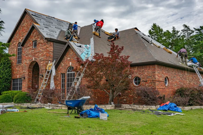 Digital marketing agency: roofing crew replacing shingles on a brick home